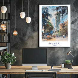 Mumbai's Vibrant Watercolor Cityscape with Energetic Urban or Cityscape Poster PosterGoat