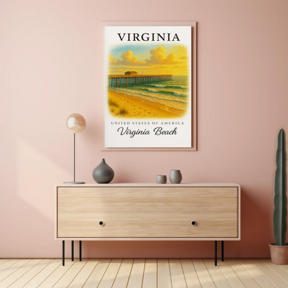 Virginia Beach Pier Ocean Sunset Classic Seaside Travel Poster