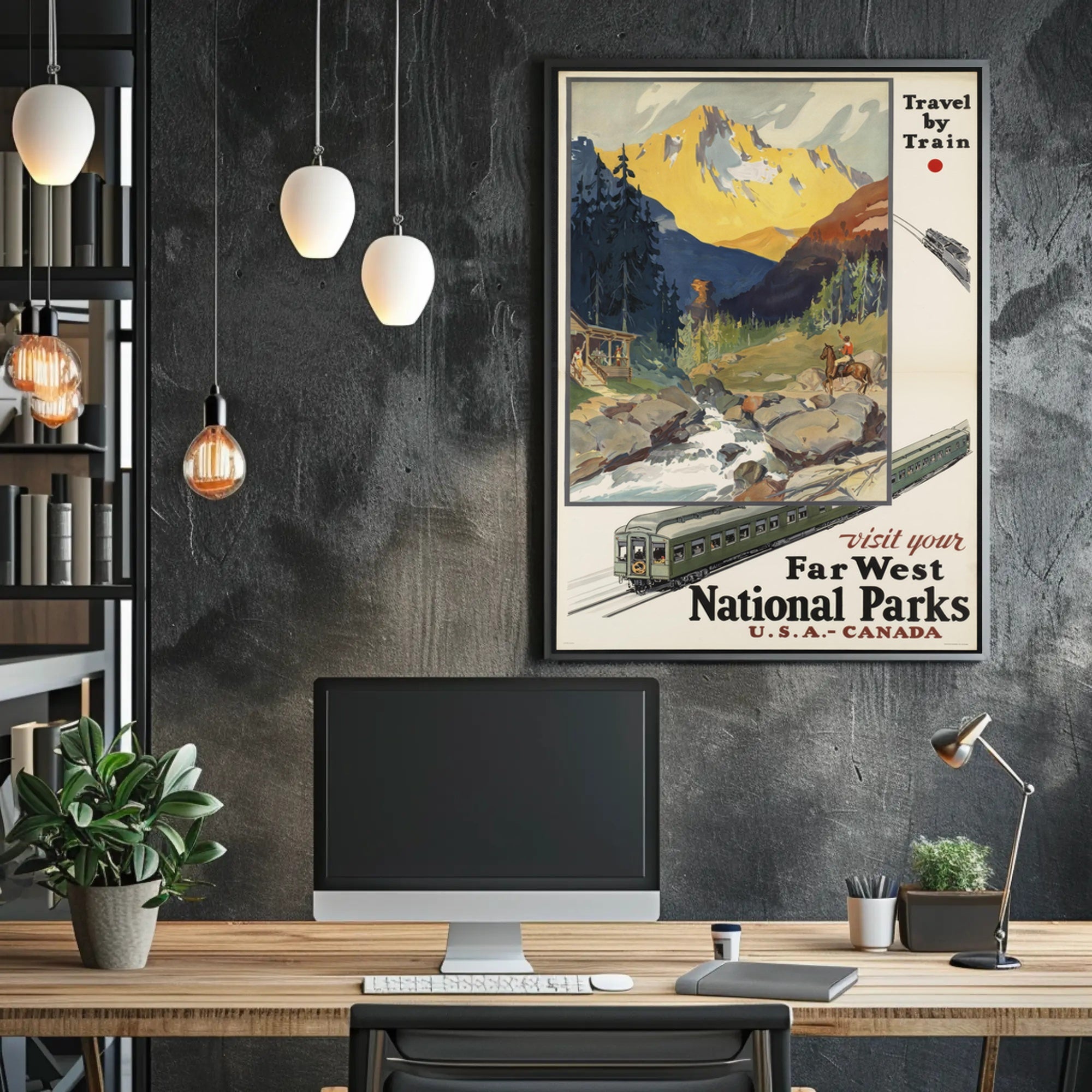 Far West Travel Poster Vintage Train National Parks