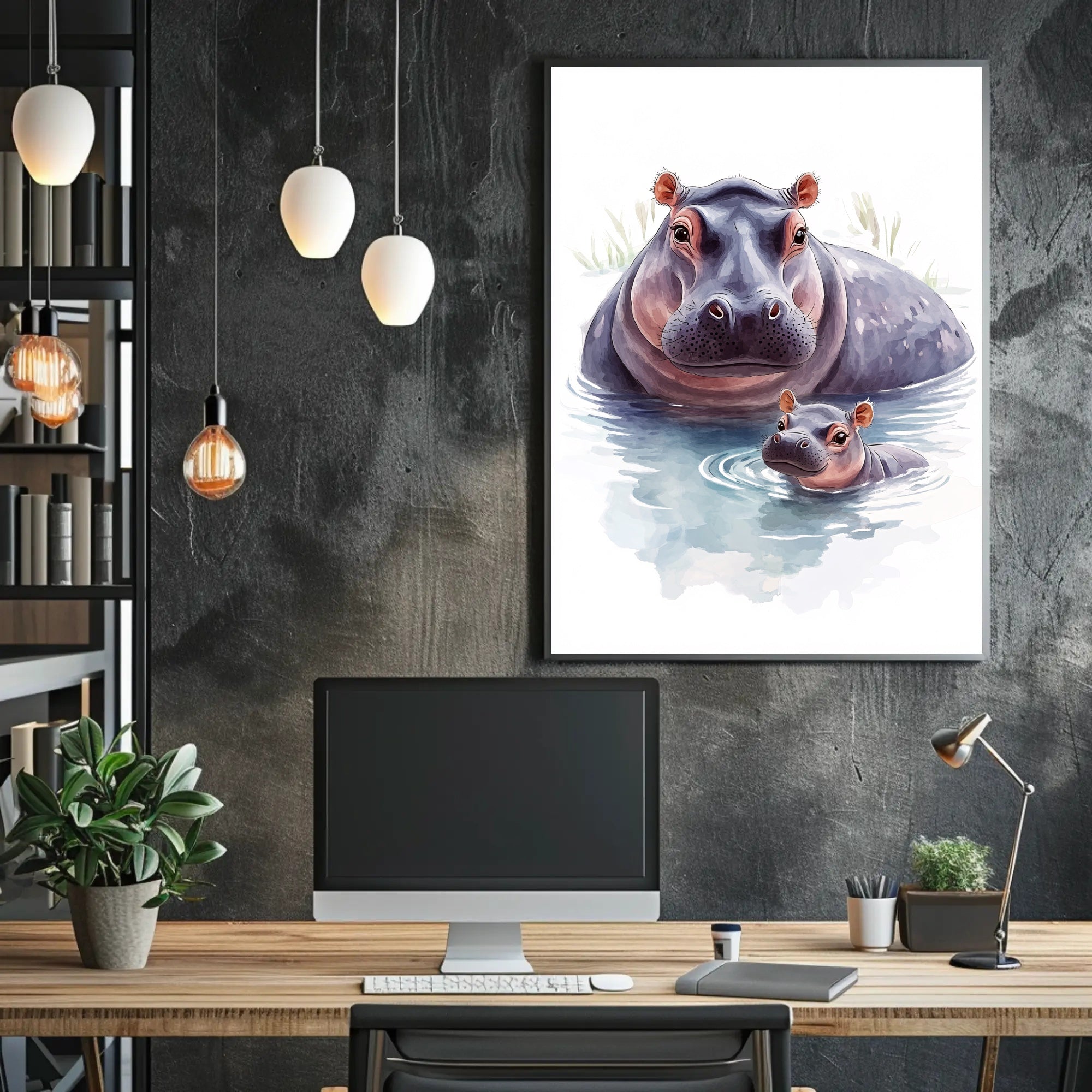 Mother and Baby Hippopotamus Digital Animal Poster