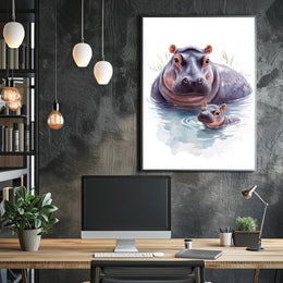 Mother and Baby Hippopotamus Digital Animal Poster