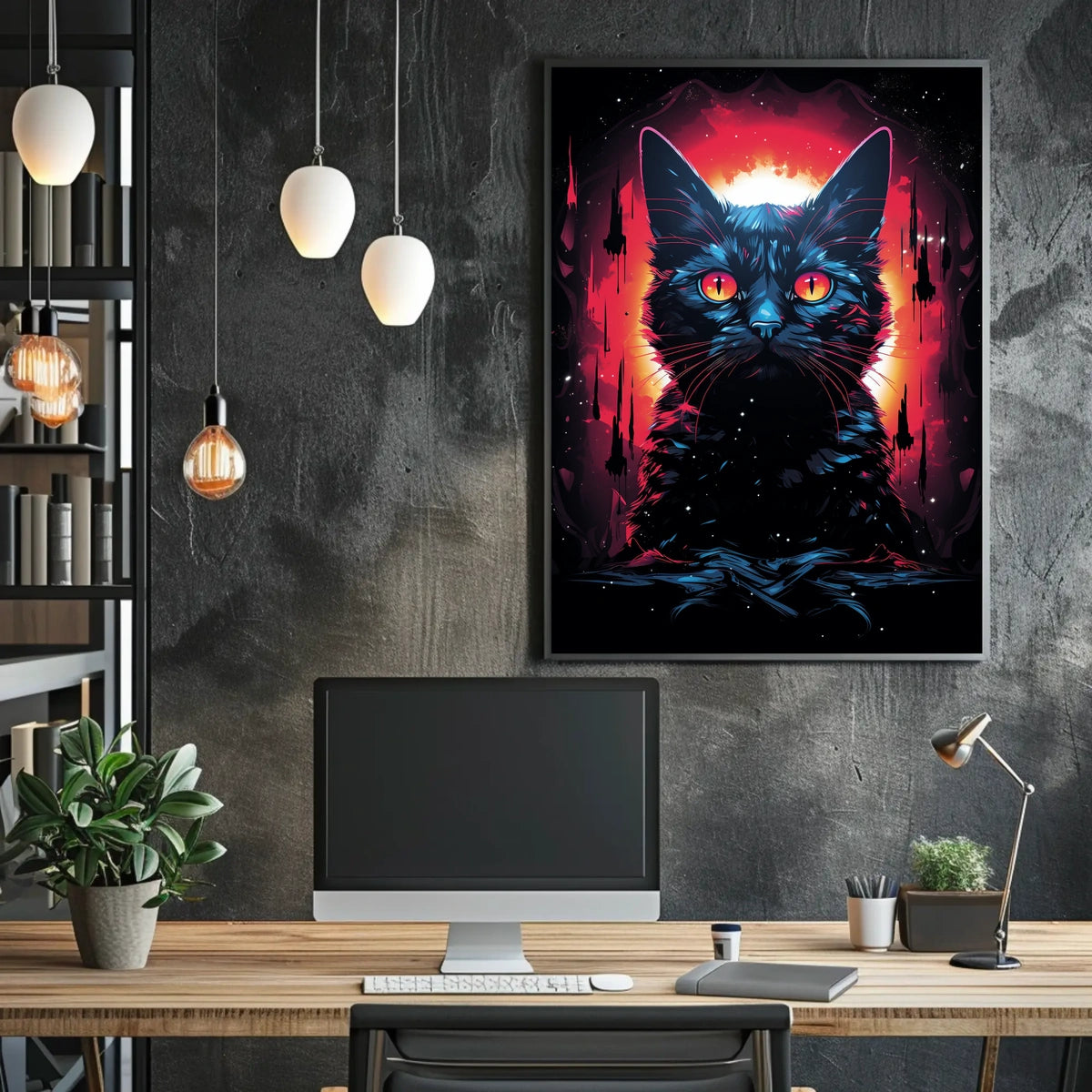 Fiery-Eyed Cosmic Cat Surreal Art Poster
