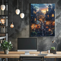 Whimsical Fantasy Market Scene Sunset Fantasy Poster PosterGoat