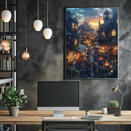 Whimsical Fantasy Market Scene Sunset Fantasy Poster PosterGoat