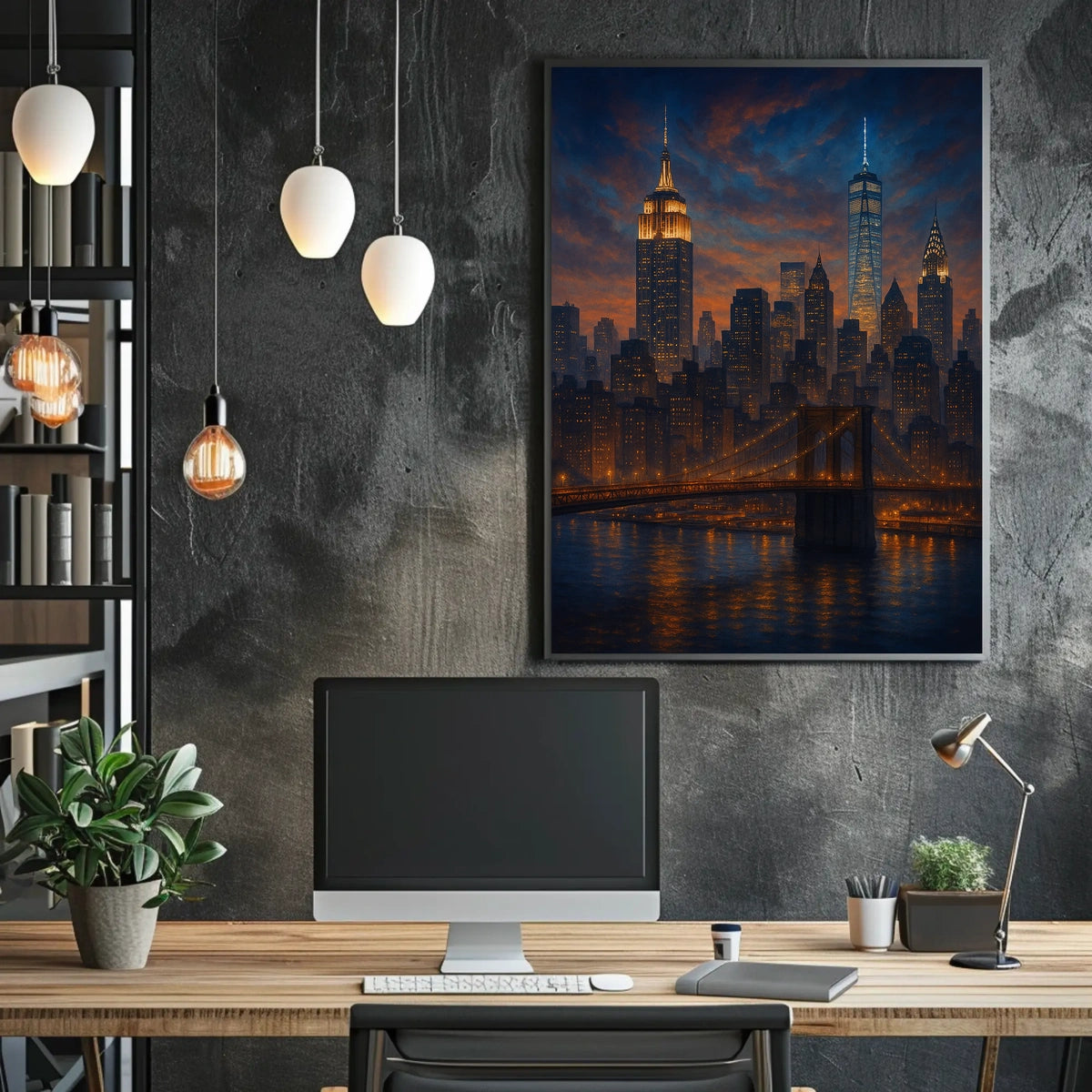 City Skyline at Dusk Over the River Poster Modern Wall Art