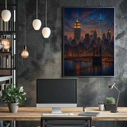 City Skyline at Dusk Over the River Poster Modern Wall Art
