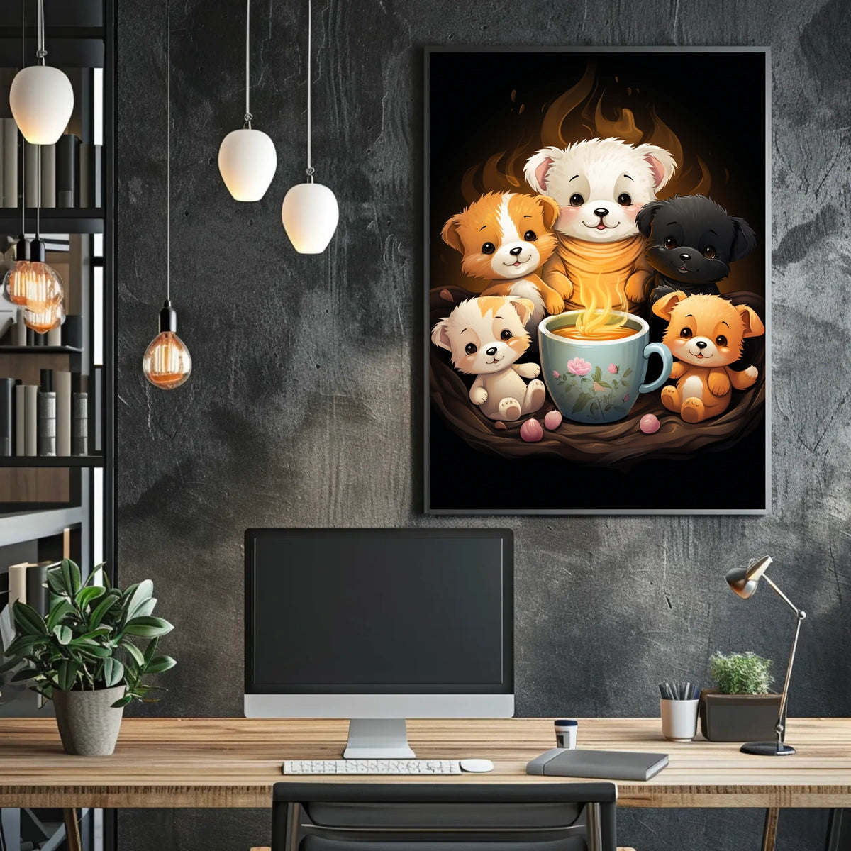 Whimsical Puppies Tea Time Art Poster Print