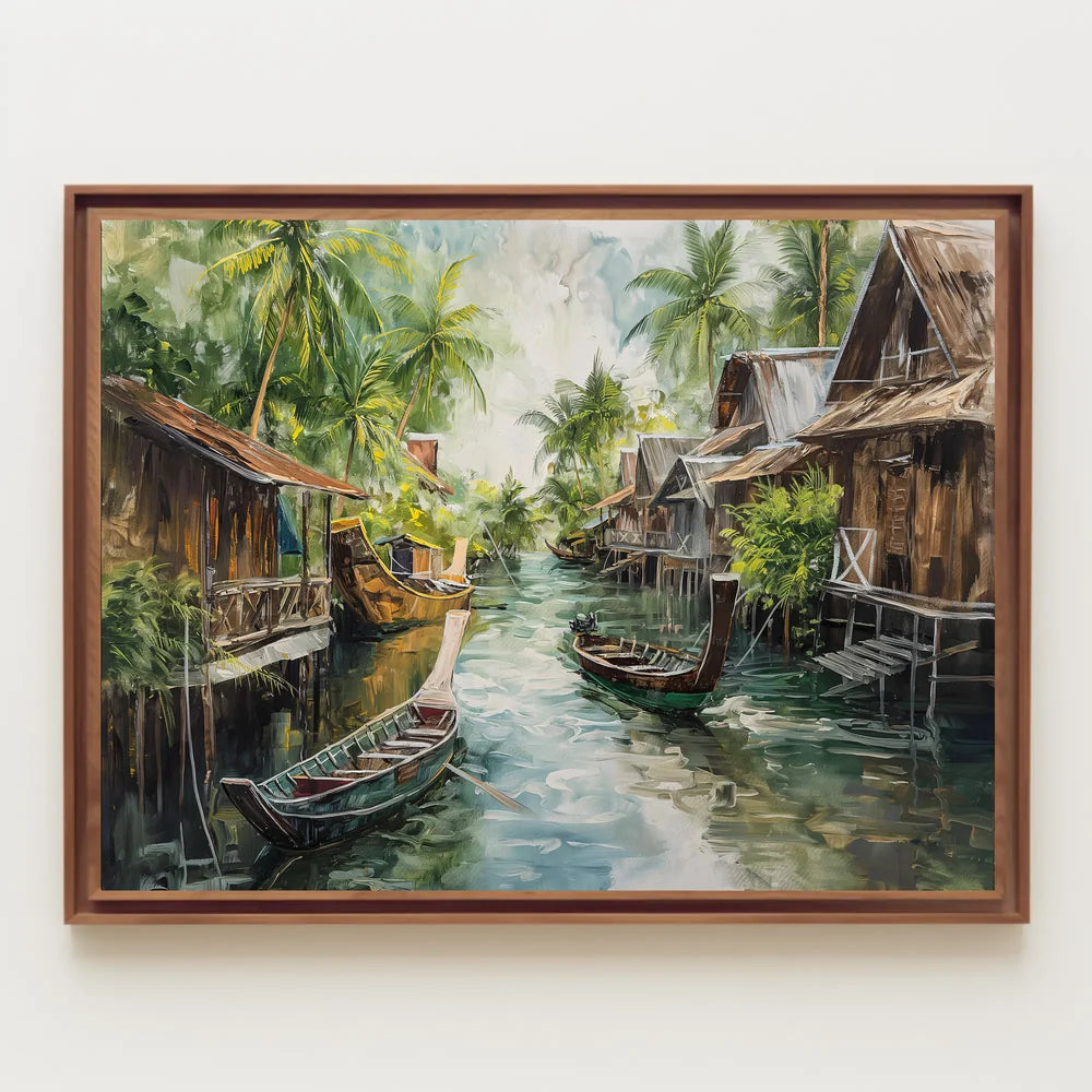 Serene Asian Floating Village Impressionistic Art Poster