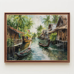 Serene Asian Floating Village Impressionistic Art Poster