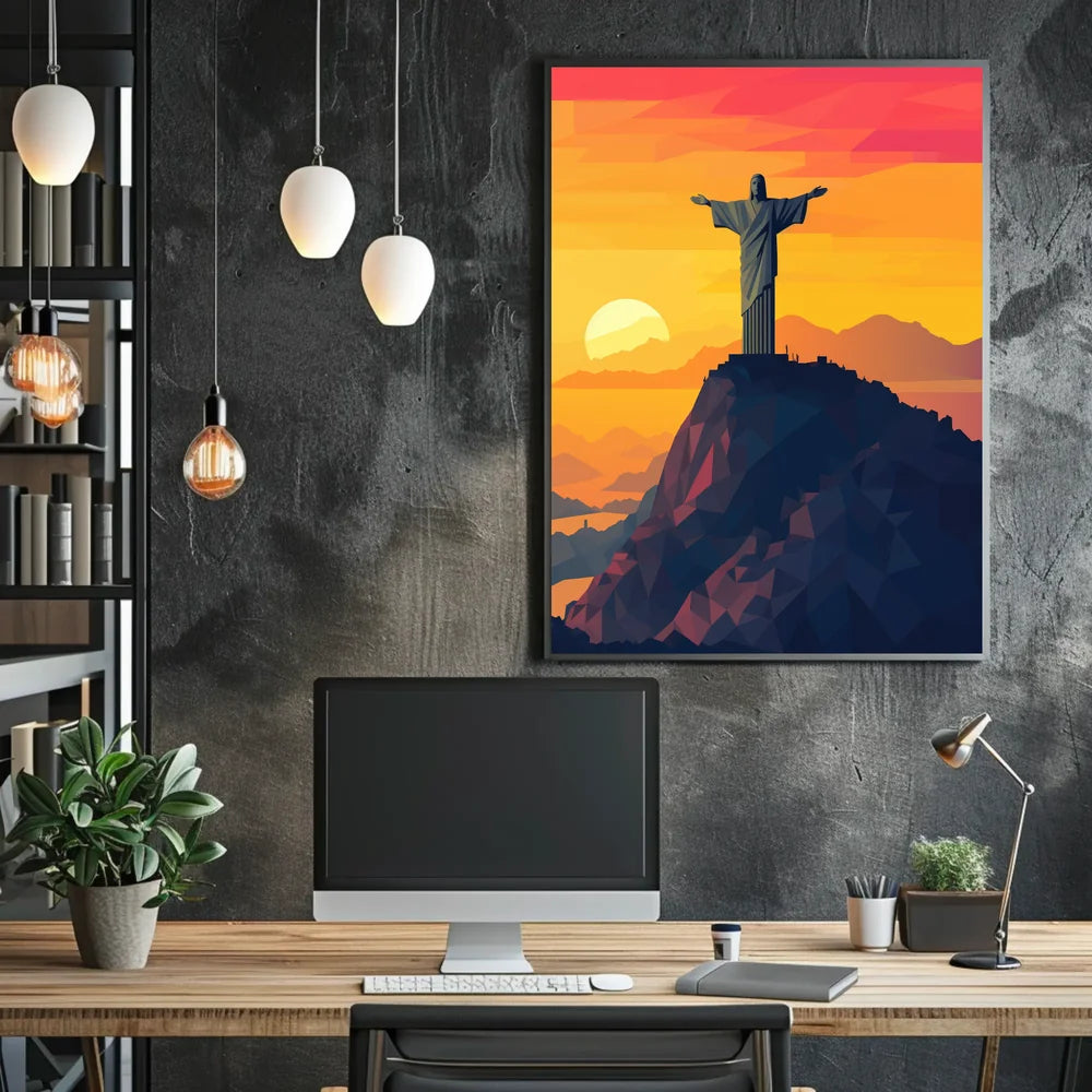 Christ the Redeemer Geometric Sunset Art Poster