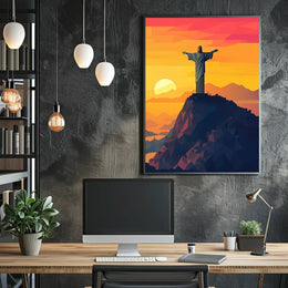 Christ the Redeemer Geometric Sunset Art Poster