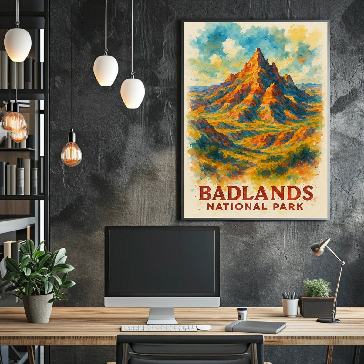 Badlands National Park Vibrant Watercolor Landscape Poster