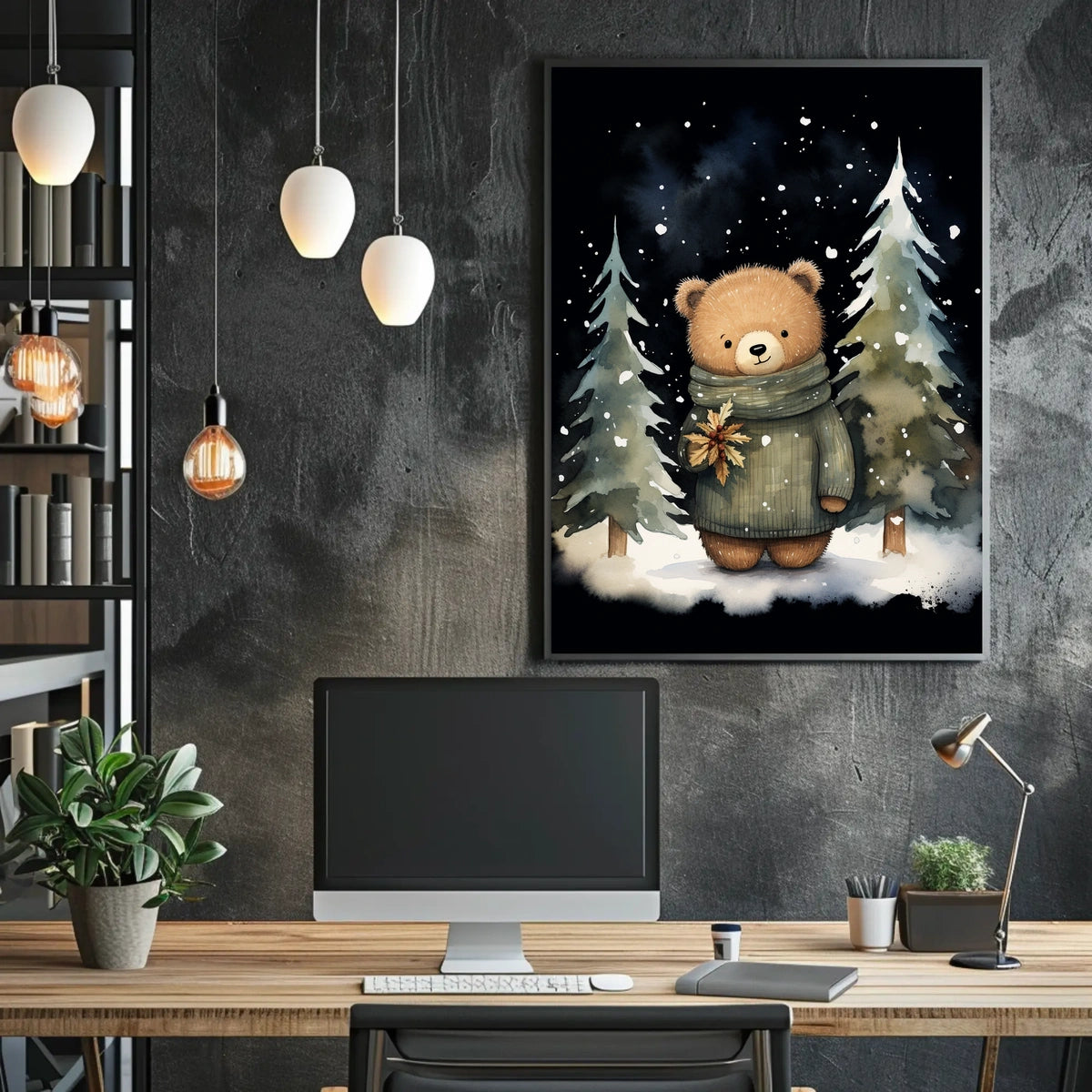 Winter Wonderland Teddy Bear Watercolor Art Poster