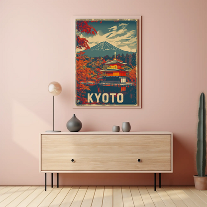 Kyoto Temple Autumn Mount Fuji Travel Poster