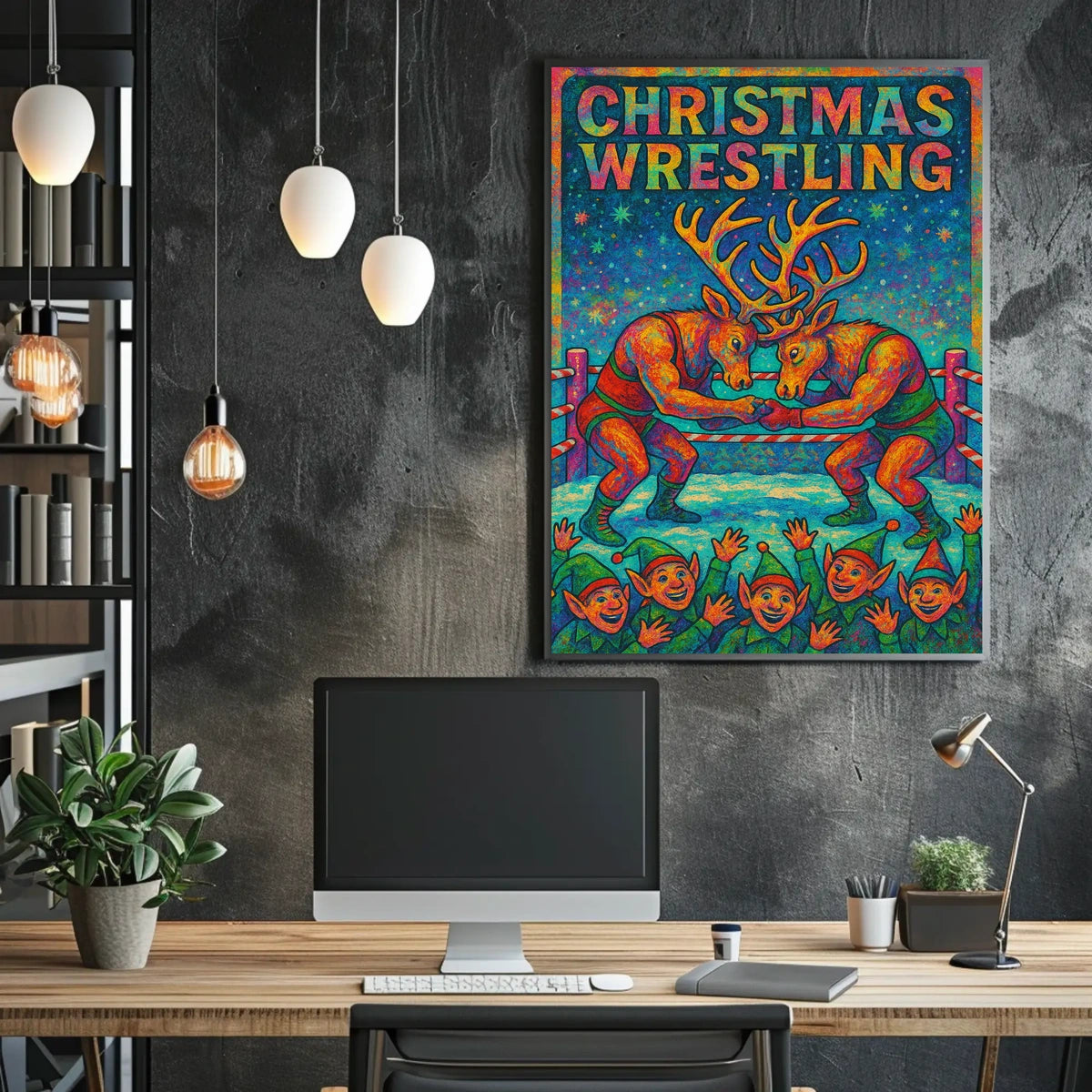 Reindeer Wrestling Festive Poster: Whimsical Holiday Art