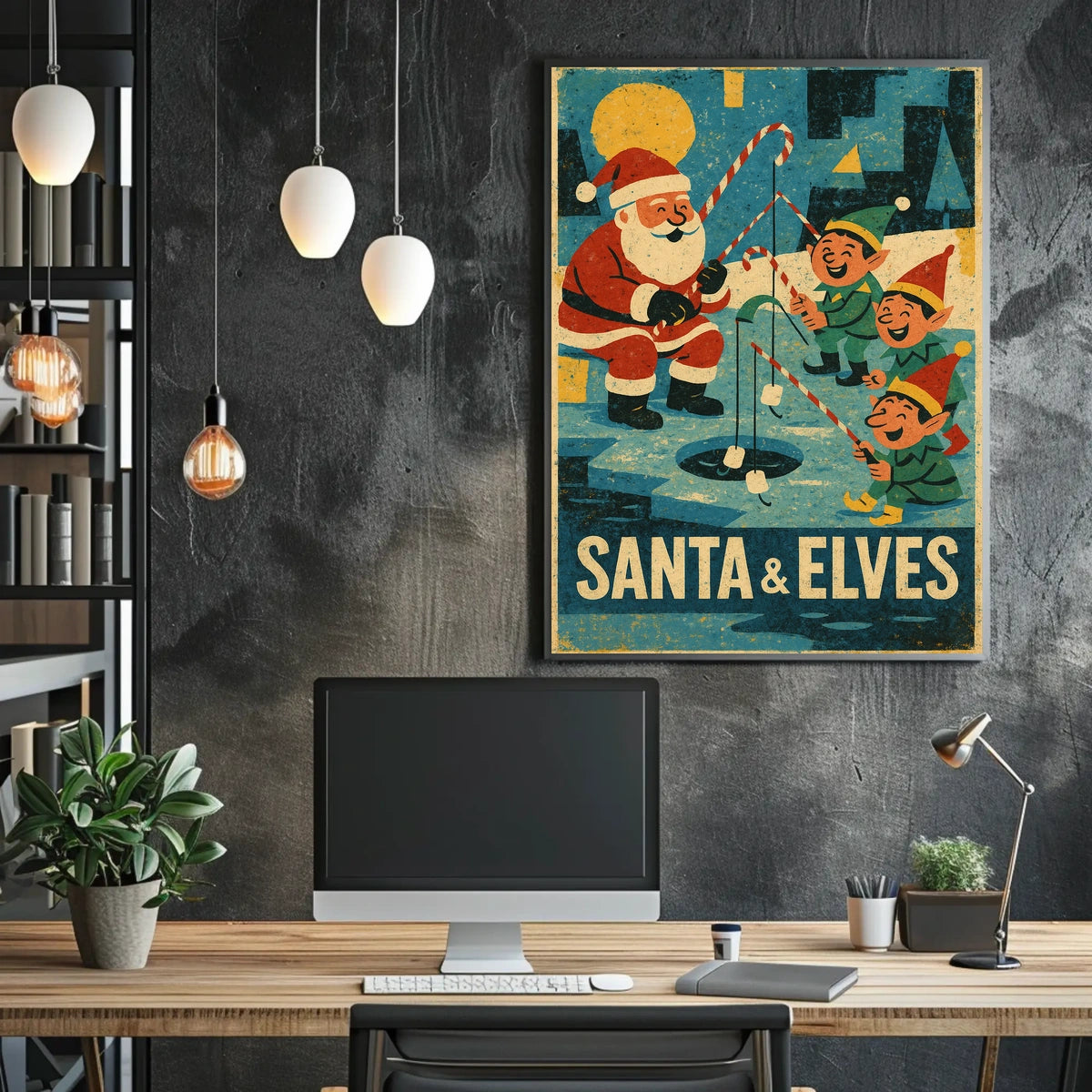 Santa's Whimsical Ice Fishing Vintage Christmas Poster