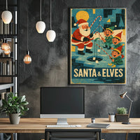 Santa's Whimsical Ice Fishing Vintage Christmas Poster