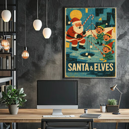 Santa's Whimsical Ice Fishing Vintage Christmas Poster