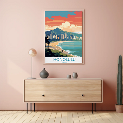 Honolulu Hawaii Sunset Skyline Modern Minimal Travel Poster