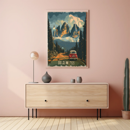 Dolomites Alps Vintage Roadtrip Travel Poster