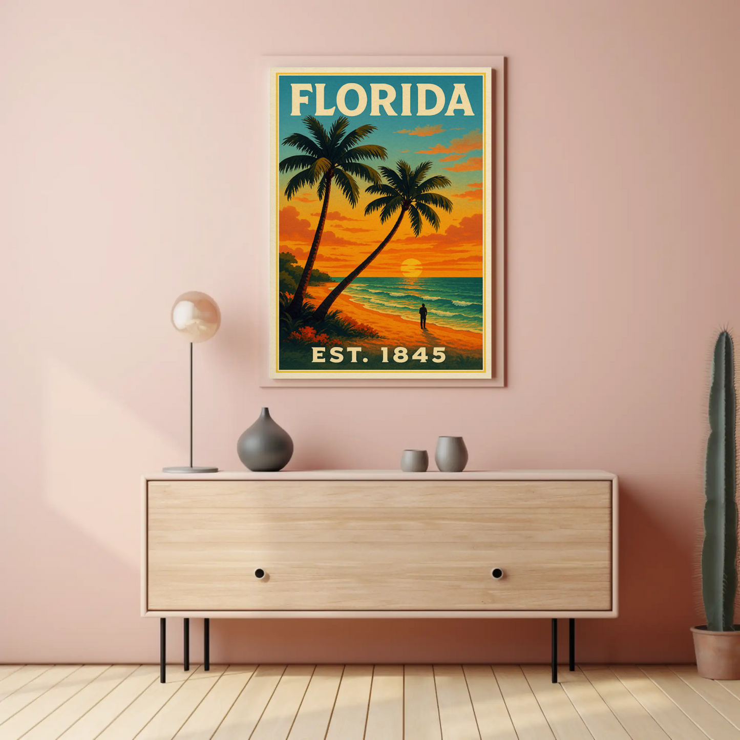 Florida Sunset Beach Walk Palms Horizon Travel Poster