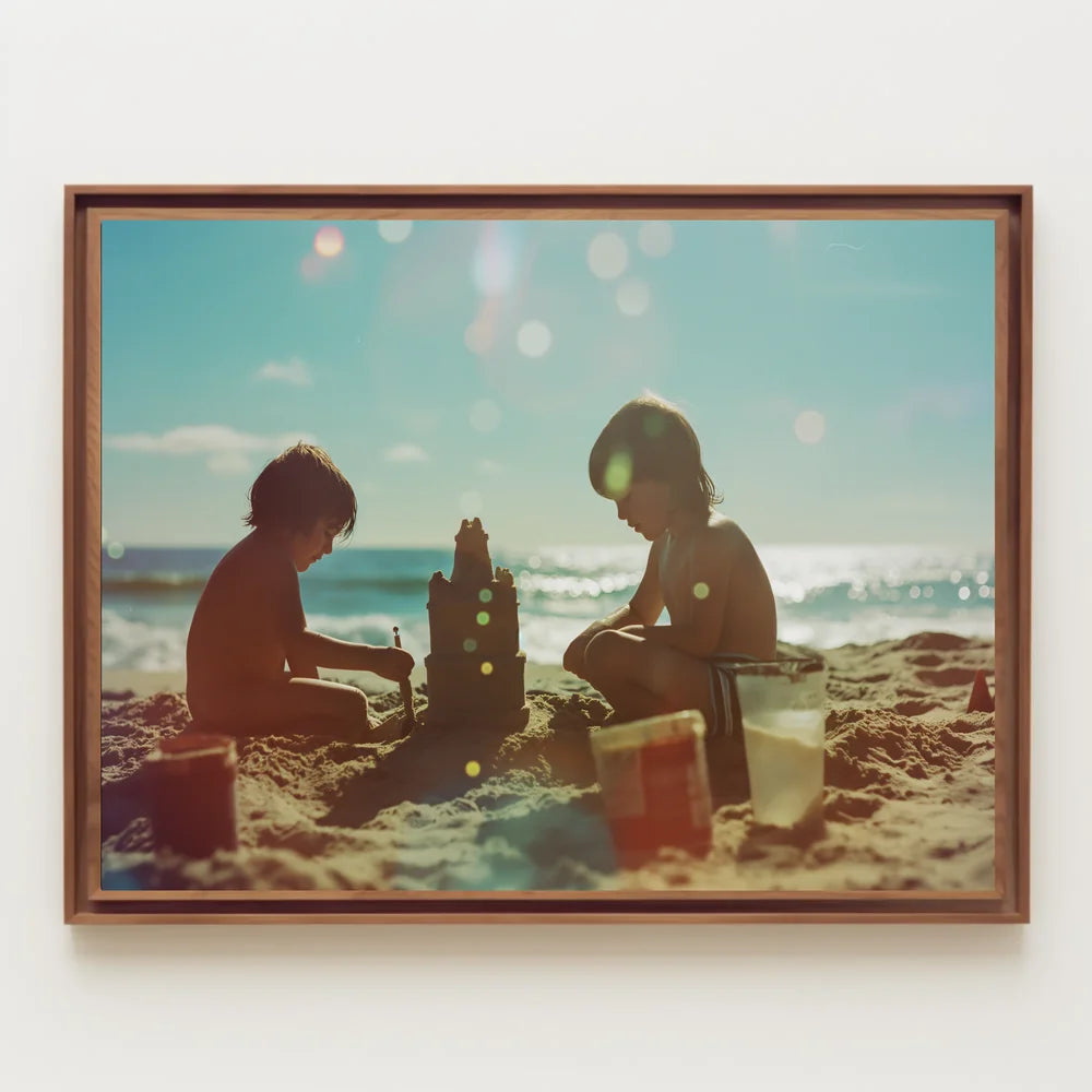 Serene Beach Scene: Children Building Sandcastle Poster