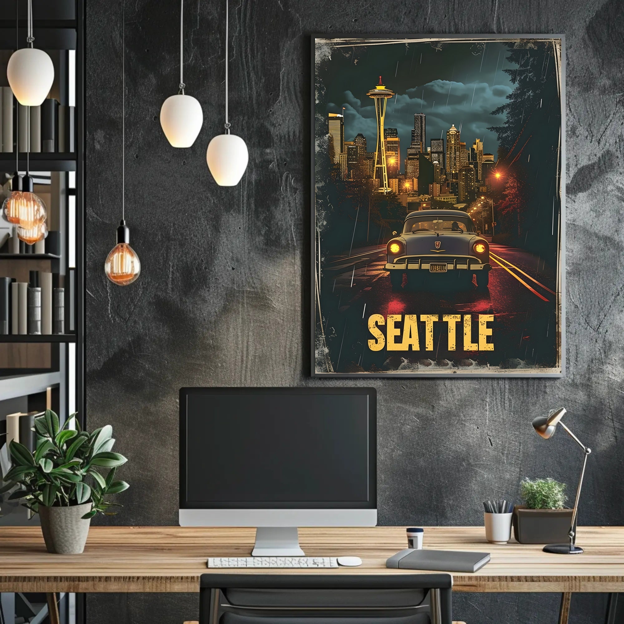 Seattle Space Needle Vintage Night Urban or Cityscape Poster