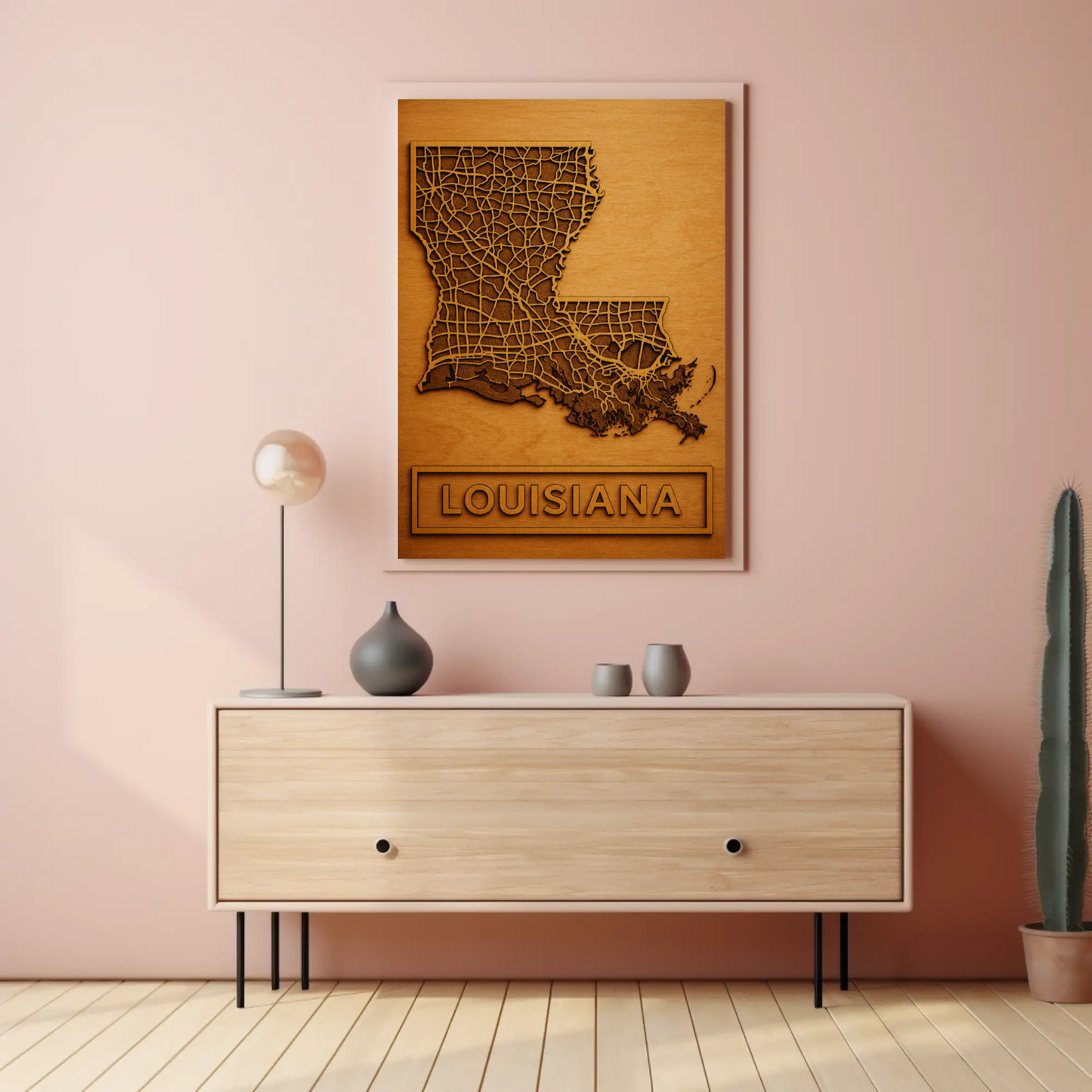 Louisiana Road Map Wood Engraved State Art Poster