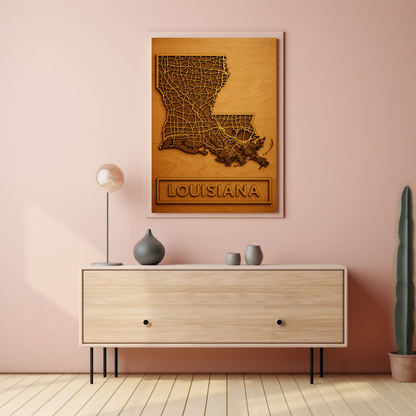 Louisiana Road Map Wood Engraved State Art Poster