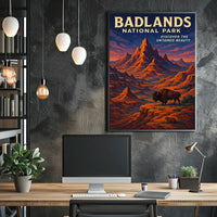 Badlands National Park Vintage Bison Adventure Poster
