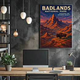 Badlands National Park Vintage Bison Adventure Poster