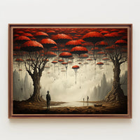 Surreal Dreamscape with Red Trees: Fantasy or Mythology Poster