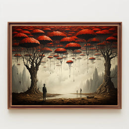 Surreal Dreamscape with Red Trees: Fantasy or Mythology Poster