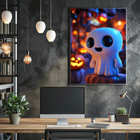 Cute Ghost with Pumpkins: Vibrant Halloween Pop Culture Poster