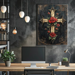 Ornate Cross with Roses Christian Spiritual Cultural Heritage Poster