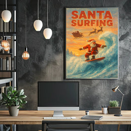 Santa Surfing Vintage Christmas Beach Poster