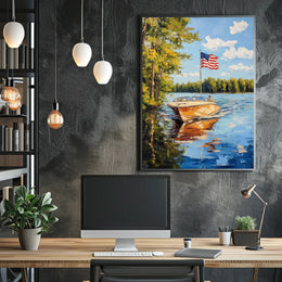 Boat On A Calm Lake With American Flag Scenic Poster