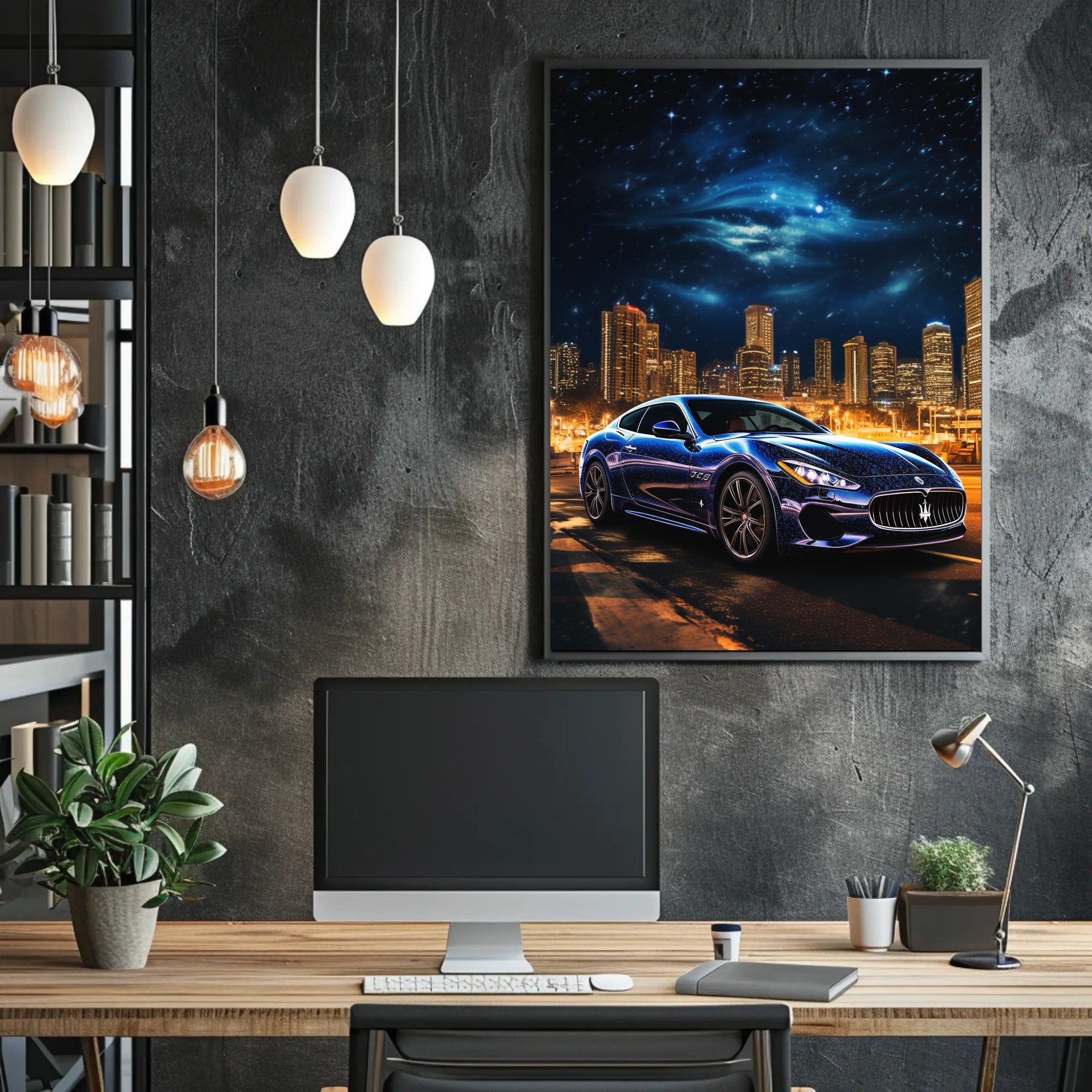 Luxury Maserati in Urban Skyline Futuristic Sci-Fi Poster