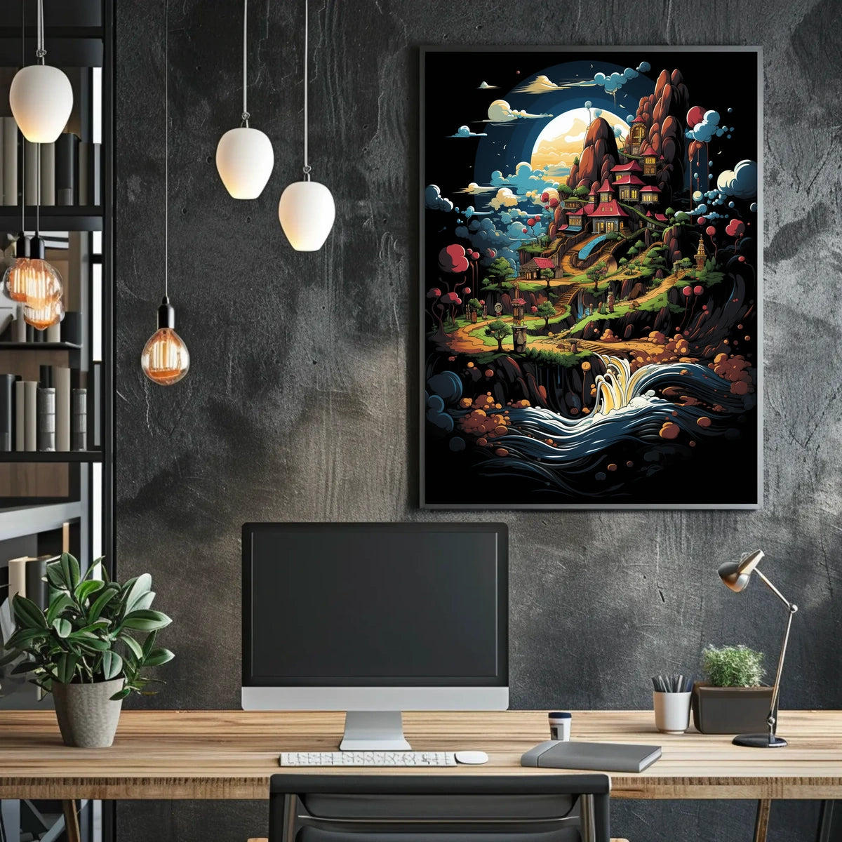 Whimsical Village Fantasy Landscape Art Poster