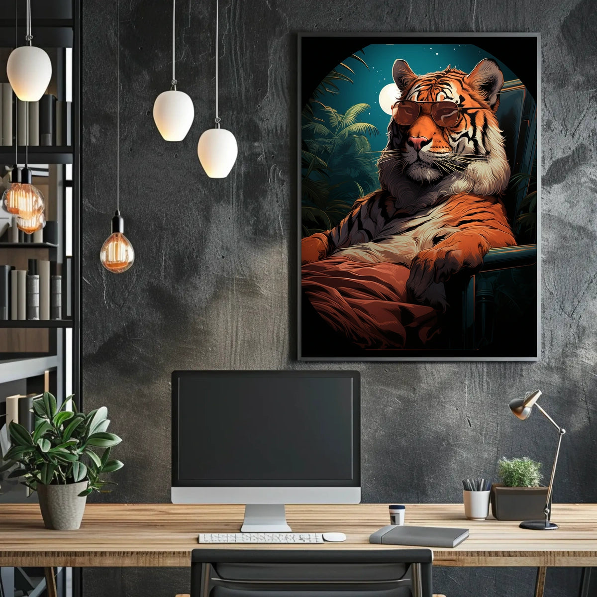 Stylized Tiger in Jungle with Moonlit Sky Animal Poster