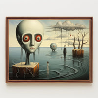 Dreamlike Landscape with Surreal Figures: Futuristic Sci-Fi Poster