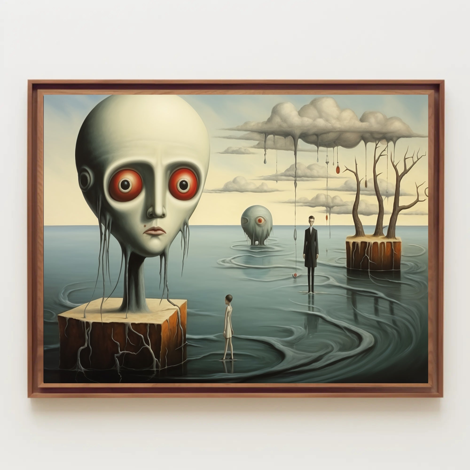 Dreamlike Landscape with Surreal Figures: Futuristic Sci-Fi Poster