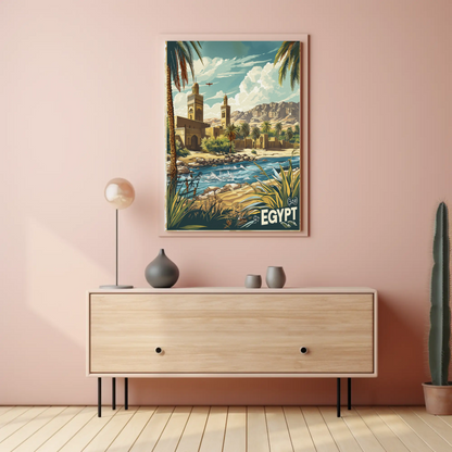 Egypt Desert Mosque and River Travel Poster
