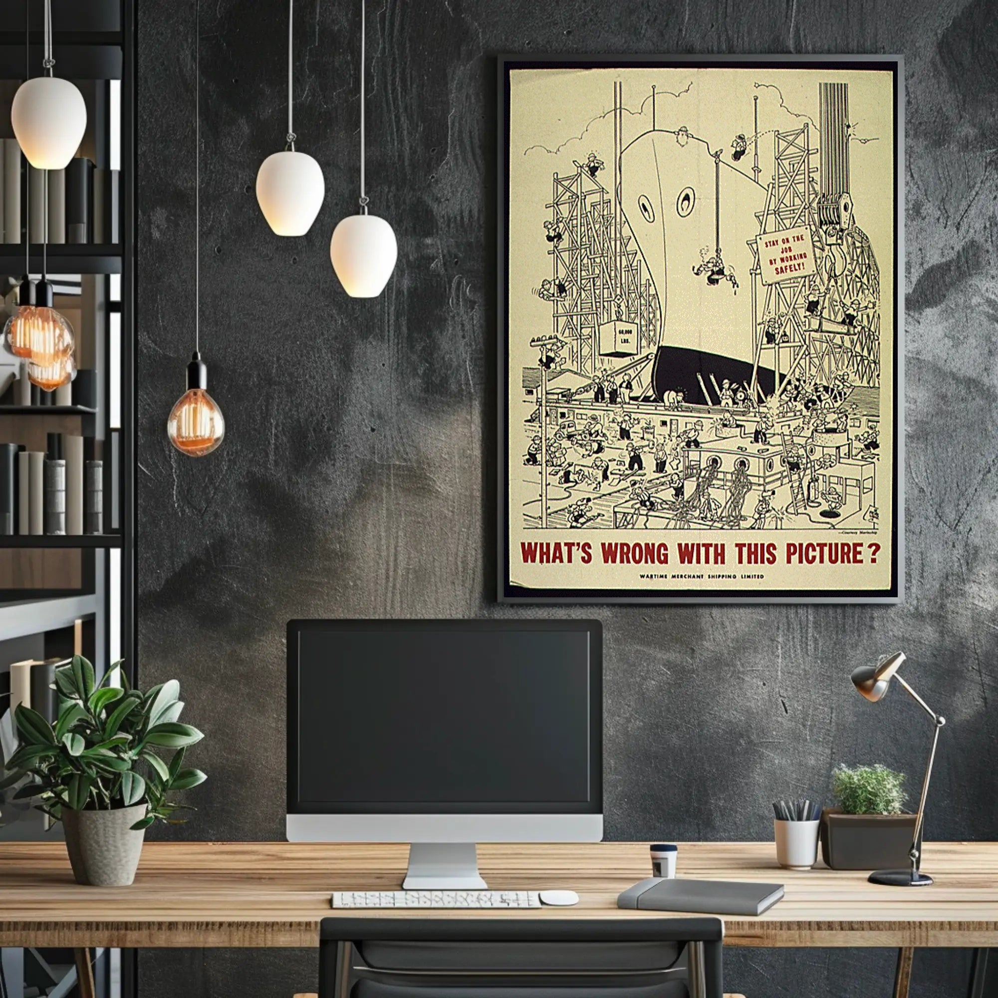 Workplace Safety Humor in a Chaotic Shipyard Poster