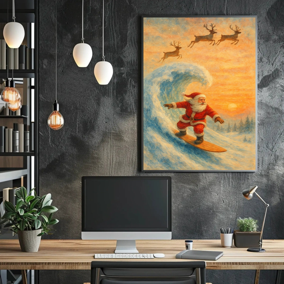 Santa Surfing Christmas Poster: Festive Holiday Decor