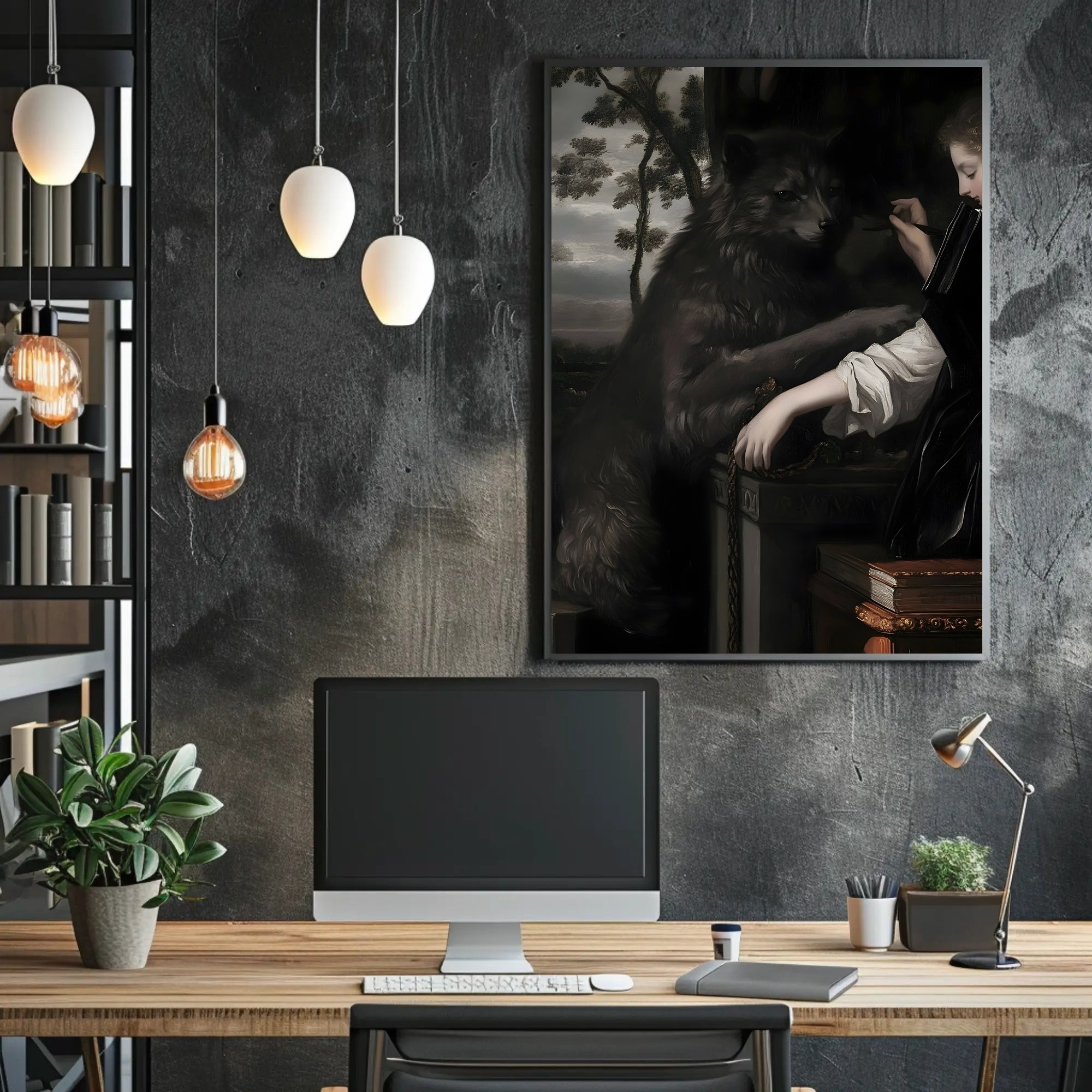 Lady and Wolf in Ornate Library Fantasy or Mythology Poster PosterGoat