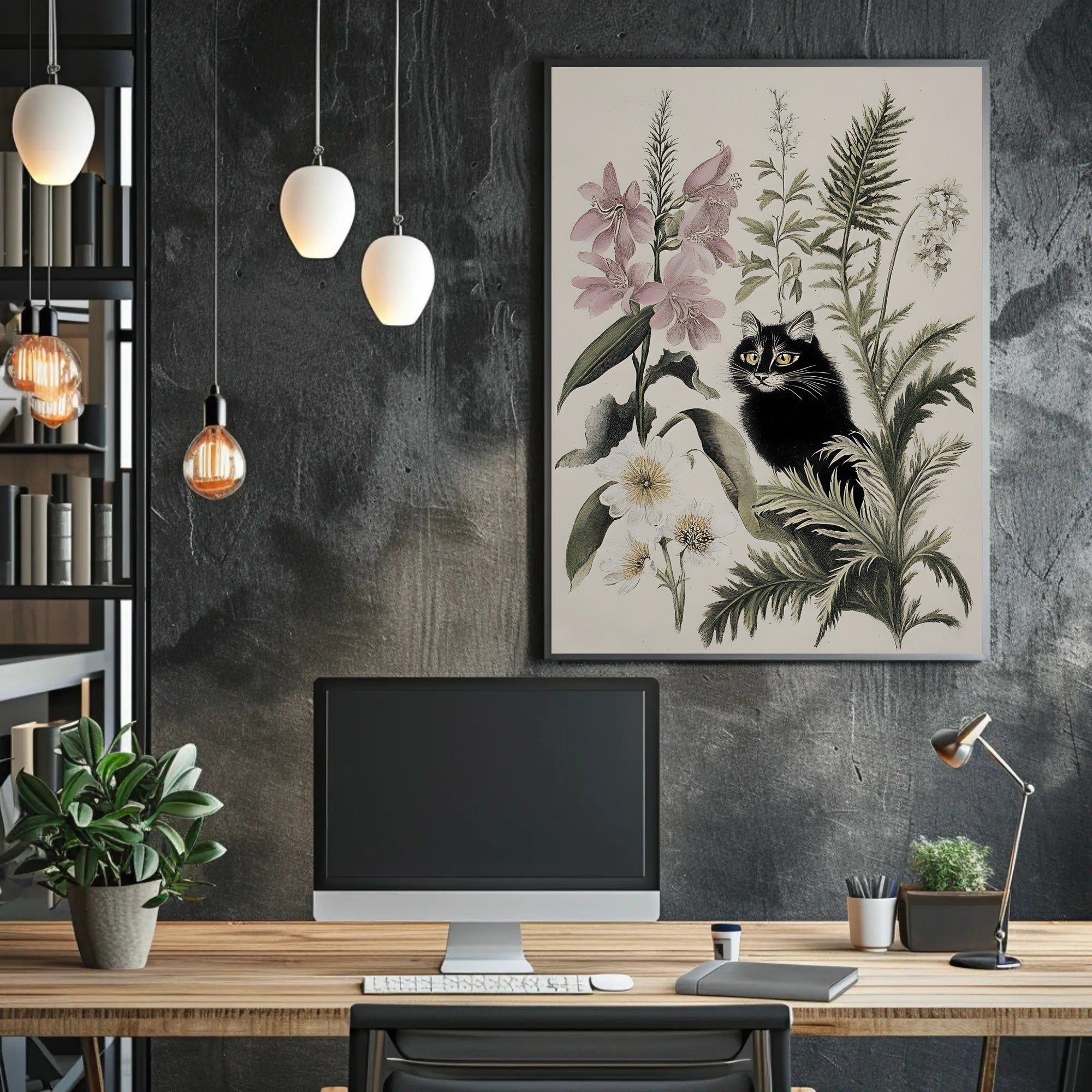 Black Cat with Wildflowers: Animal Poster PosterGoat