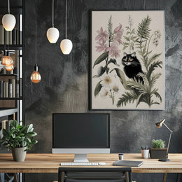 Black Cat with Wildflowers: Animal Poster PosterGoat