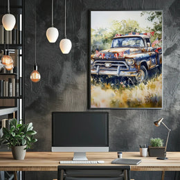 pickup truck parked in a sunny field Poster
