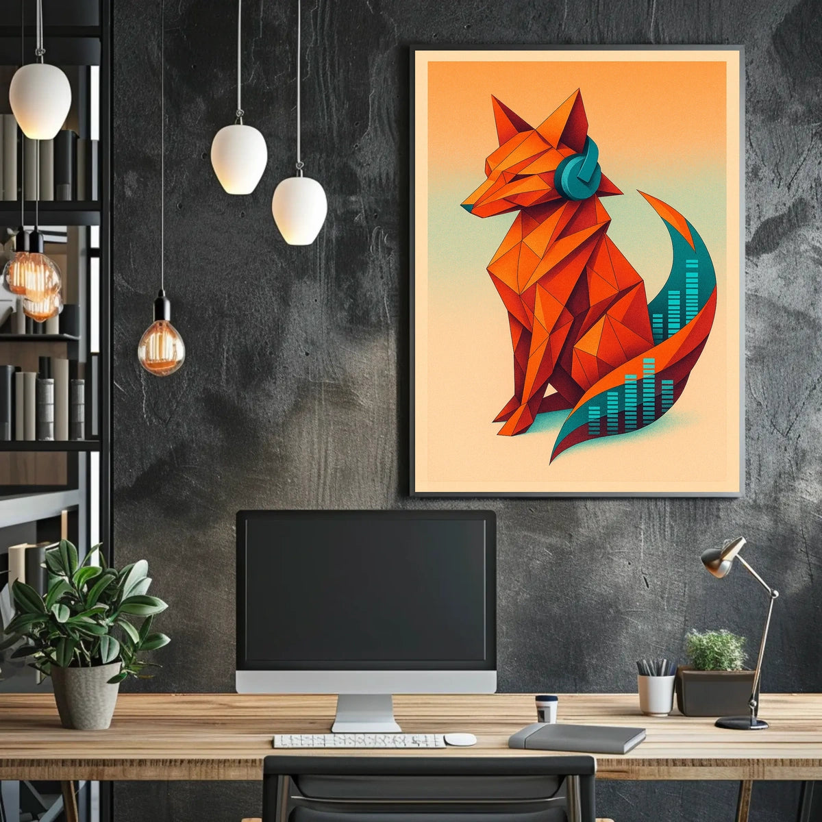 Geometric Fox With Headphones Poster